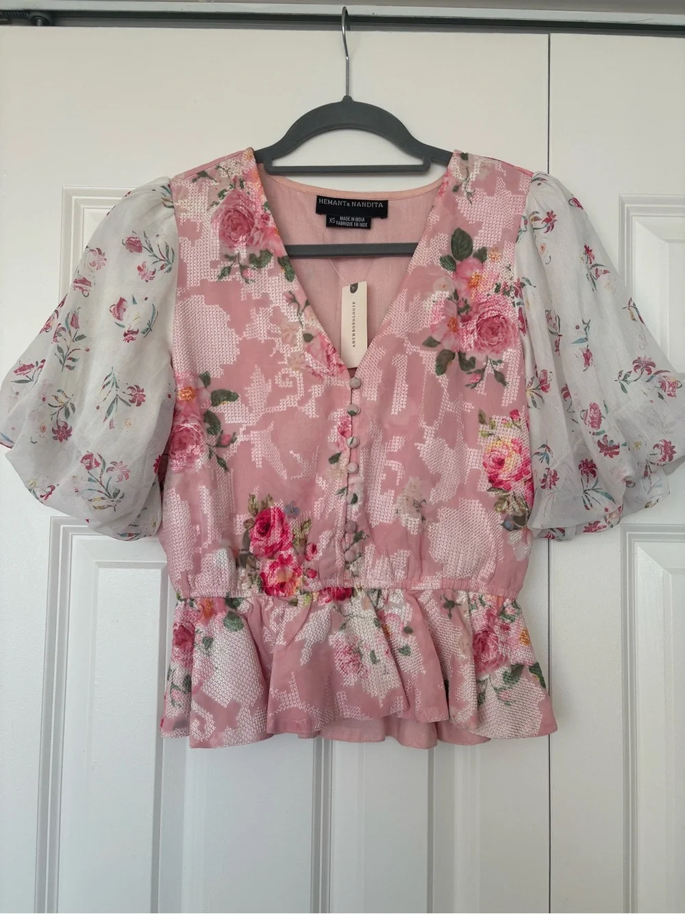 Anthropologie Pink Floral Puff-Sleeve Peplum Blouse